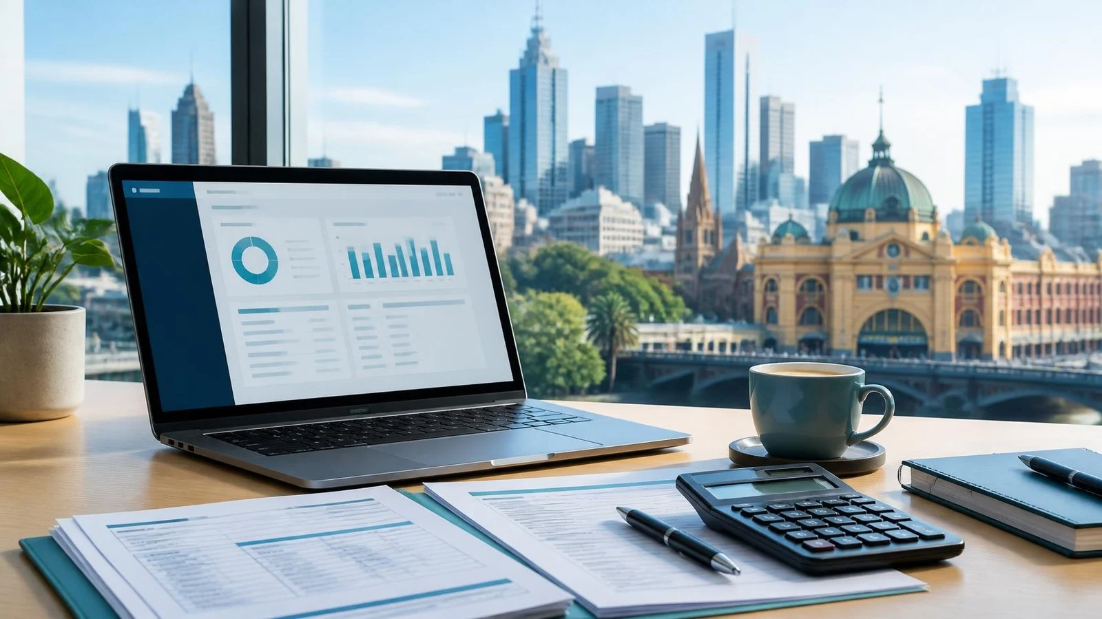 Payroll services in Melbourne – laptop with pay run dashboard and payslips on a business desk.